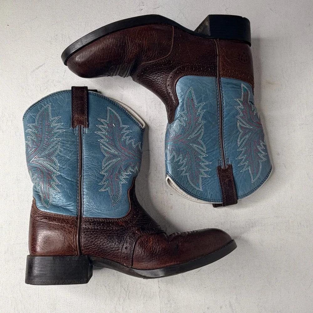 Ariat western brown boot with blue embroidered shaft